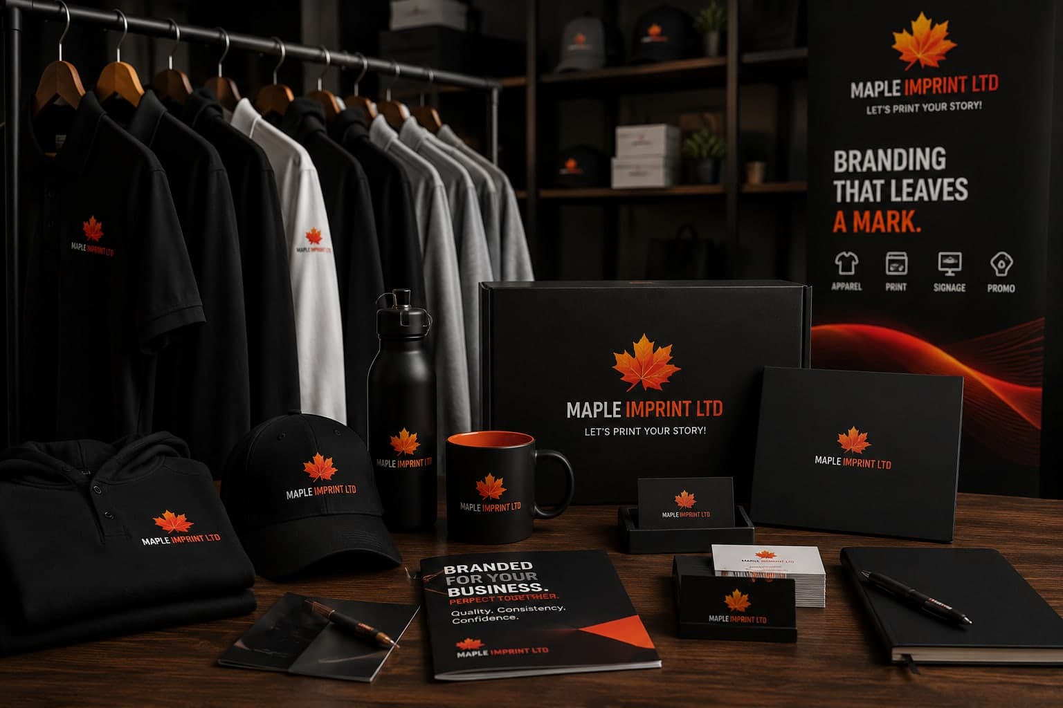 Maple Imprint branded apparel, drinkware and print materials in the shop
