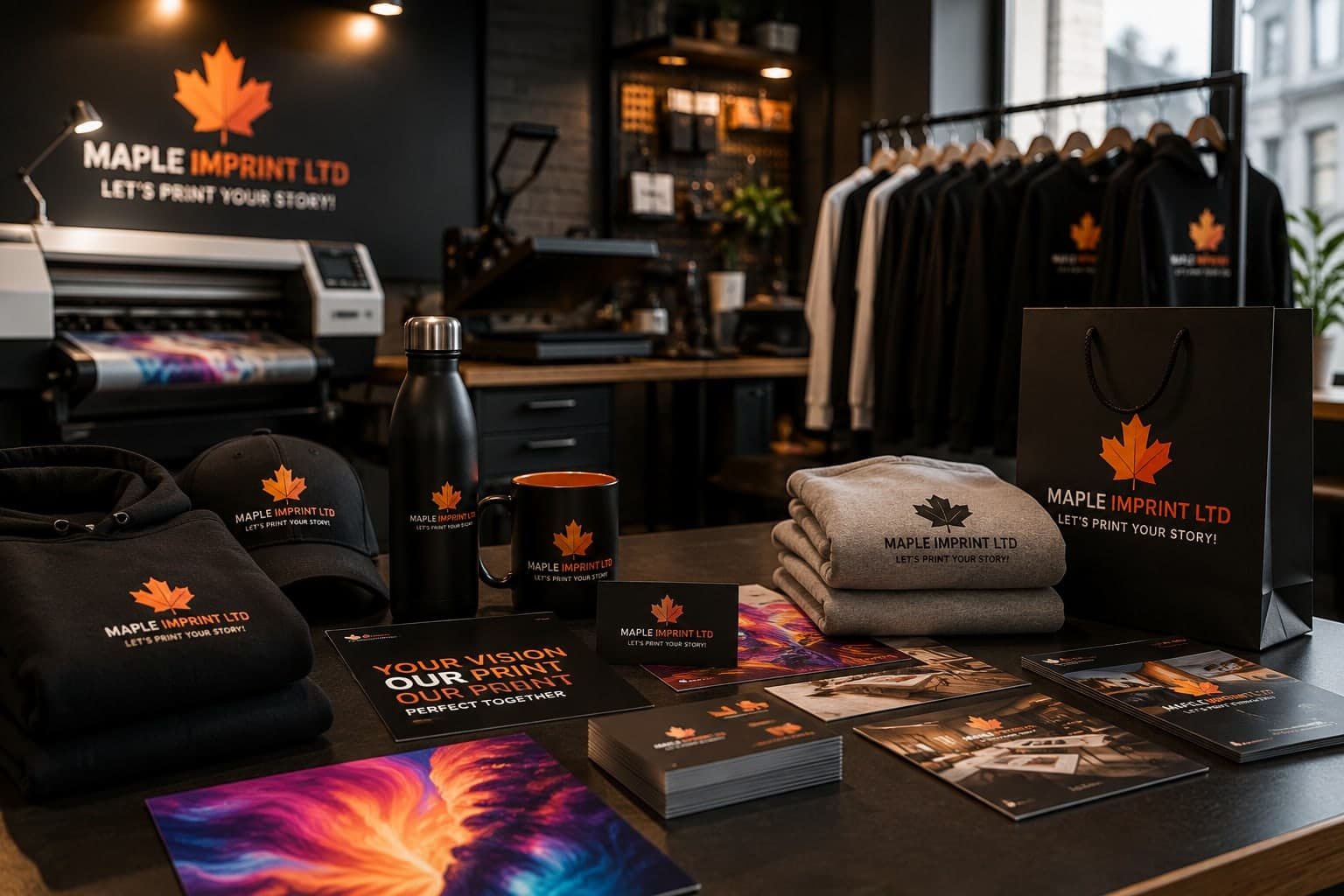 Maple Imprint branded apparel, drinkware and print materials laid out in the shop