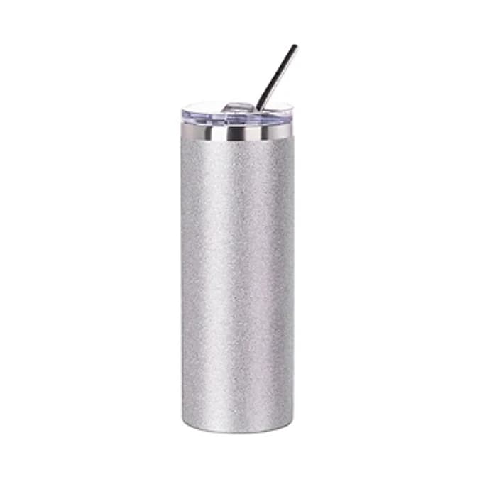 20oz Glitter Silver Sublimation Skinny Tumbler with Straw & Lid — Pack of 5