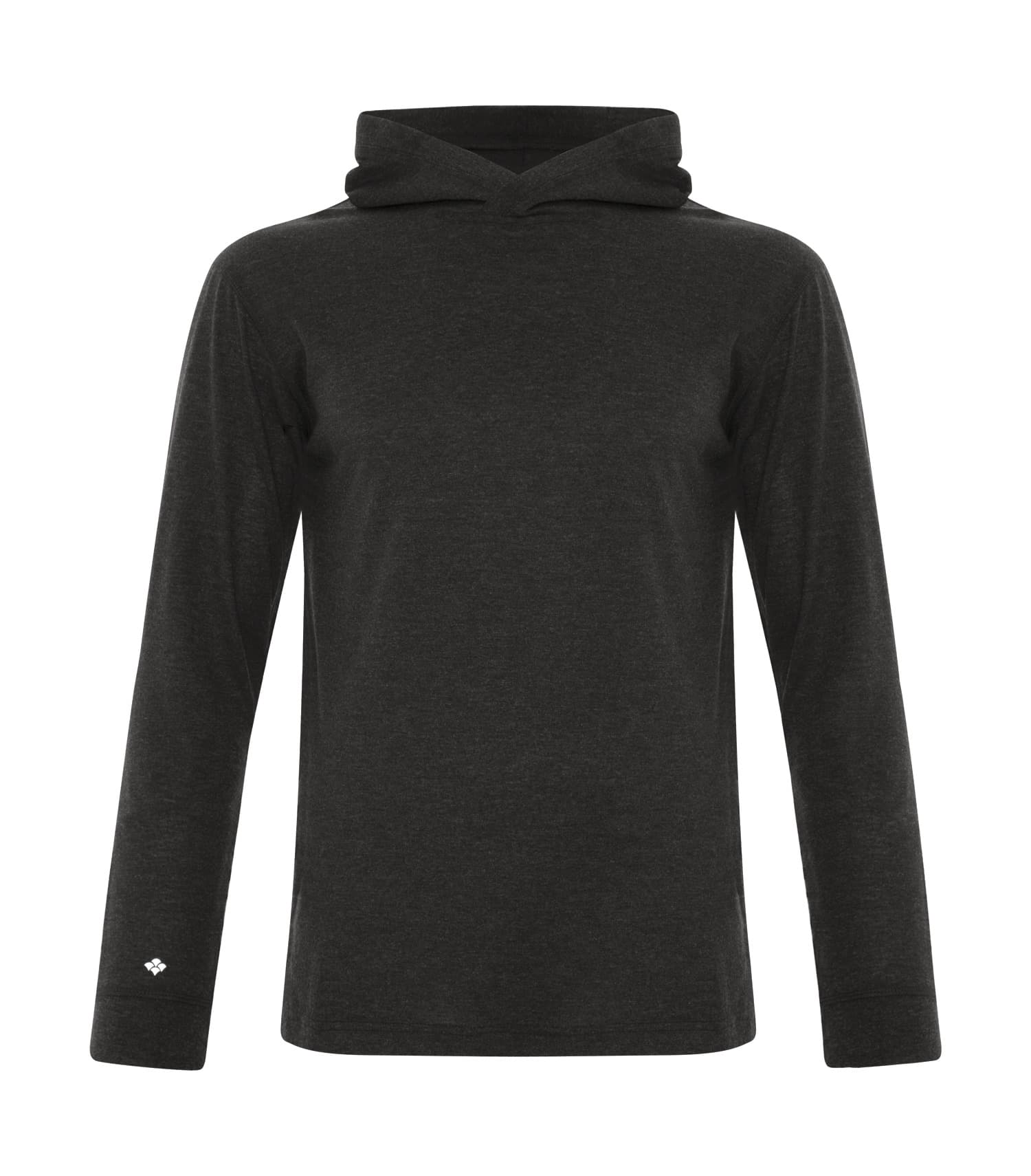 DISCONTINUED KOI® TRIBLEND LONG SLEEVE HOODED TEE in Charcoal Triblend