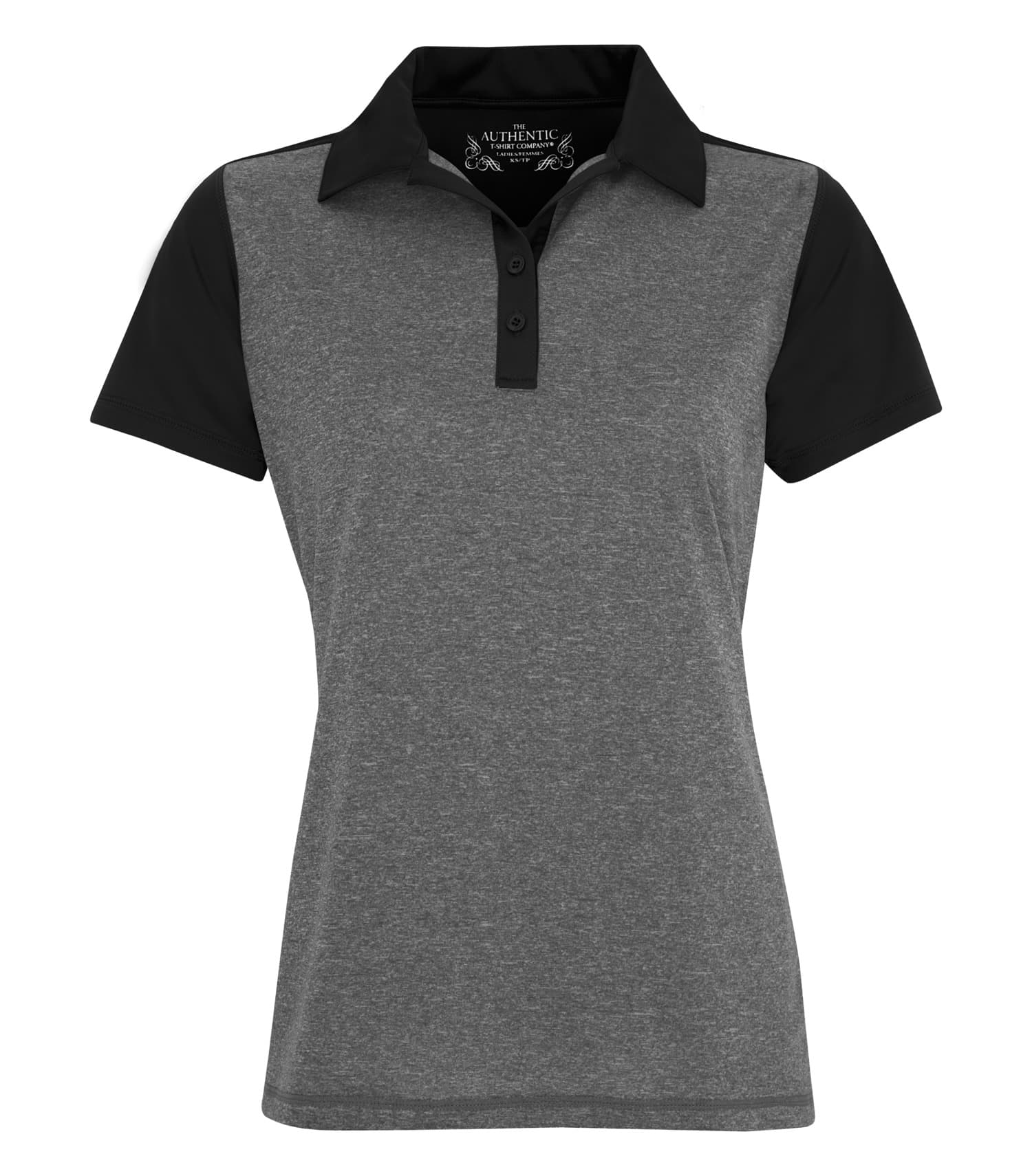 DISCONTINUED ATC™ PRO TEAM HEATHER ProFORMANCE COLOUR BLOCK LADIES' POLO in Graphite Heather/Black